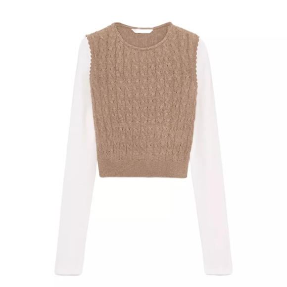 NWT Zara Contrast Cable Knit & Long Sleeve Cropped Two Piece Top In Tan - M - Picture 5 of 9